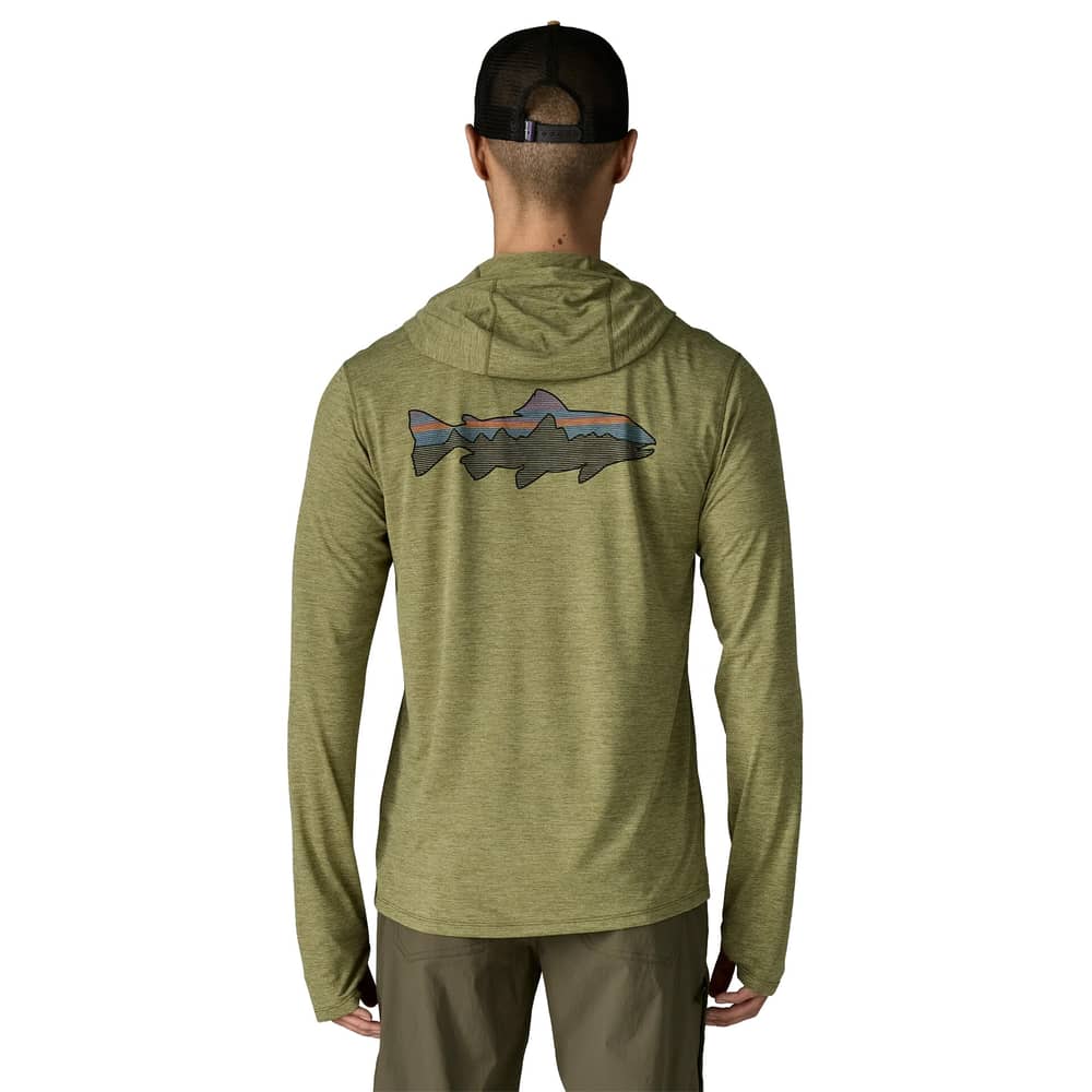 Patagonia Men's Cap Cool Sun Hoody - Fitz Roy Trout in Caper Green / Buckhorn Green X-Dye - Image 4 of 10