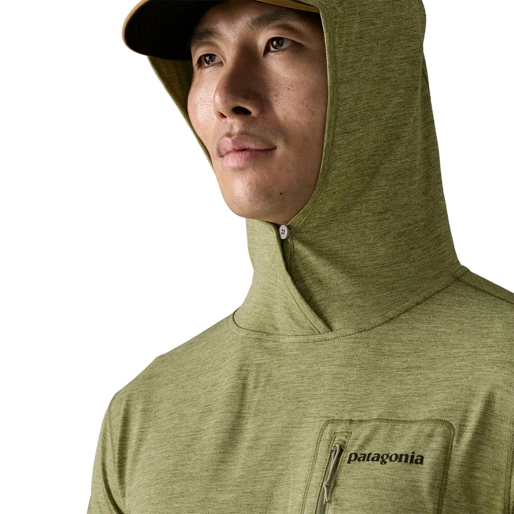 Patagonia Men's Cap Cool Sun Hoody - Fitz Roy Trout in Caper Green / Buckhorn Green X-Dye - Image 9 of 10