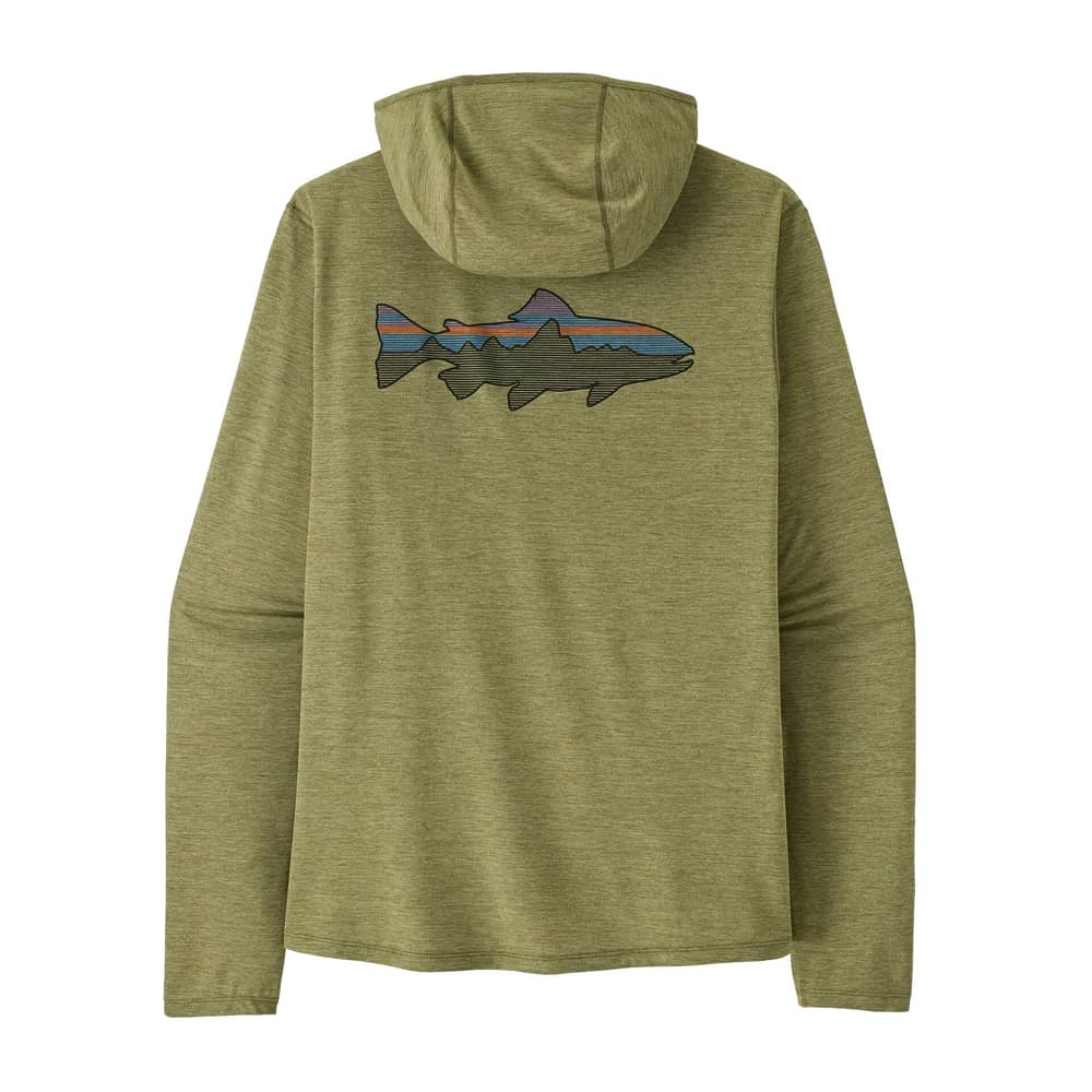 Patagonia Men's Cap Cool Sun Hoody - Fitz Roy Trout in Caper Green / Buckhorn Green X-Dye - Image 2 of 10