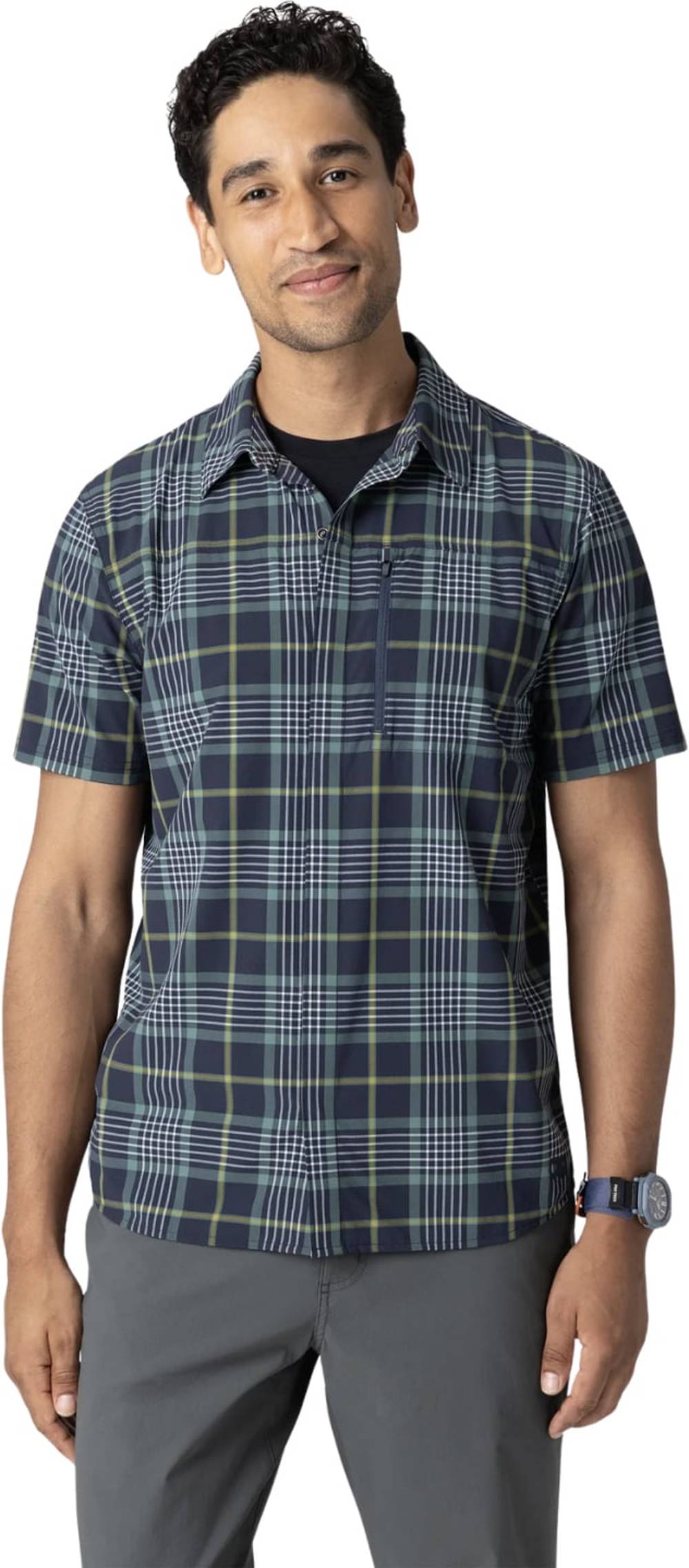 Outdoor Research Men's Astroman Short Sleeve Sun Shirt in Dark Navy Plaid - Image 2 of 3