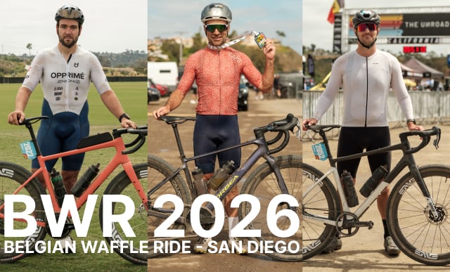 BWR 2026 Belgian Waffle Ride San Diego — Tamas, Chandler, and Clay with their race bikes.